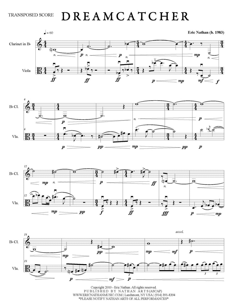 "Dreamcatcher" (2010) for Clarinet and Viola
